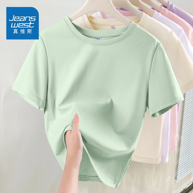 真维斯绿色纯棉短袖t恤女夏季2025新款宽松小个子高级感体恤上衣