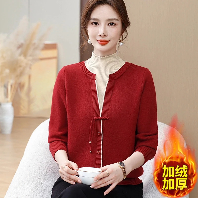 妈妈秋冬新款针织打底衫半高领上衣中老年女秋冬加绒加厚保暖毛衣