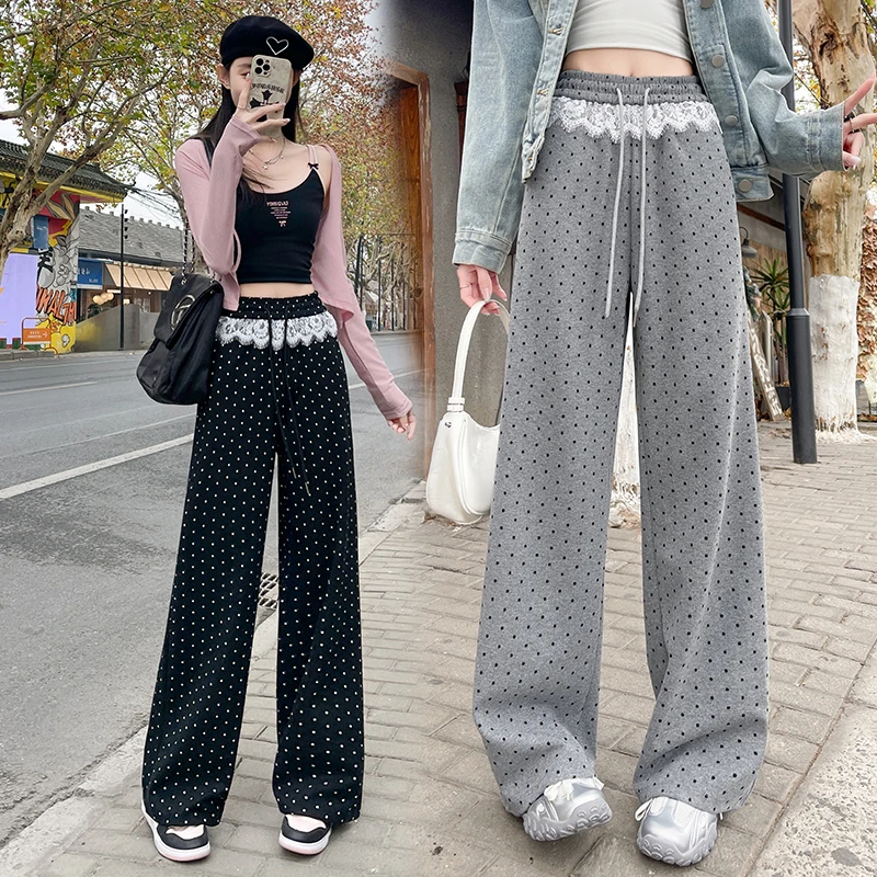 实拍蕾丝拼接波点糯米休闲裤女2025春季新款显瘦宽松拖地阔腿裤子