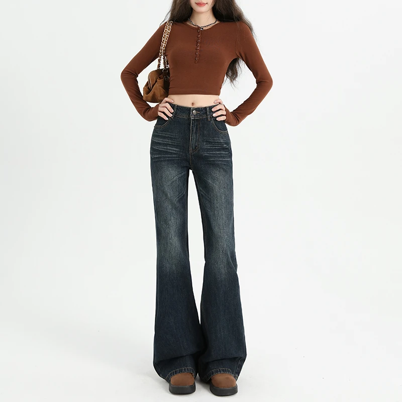 美式低腰微喇牛仔裤女秋季新款复古修身显瘦垂感不贴腿喇叭拖地裤