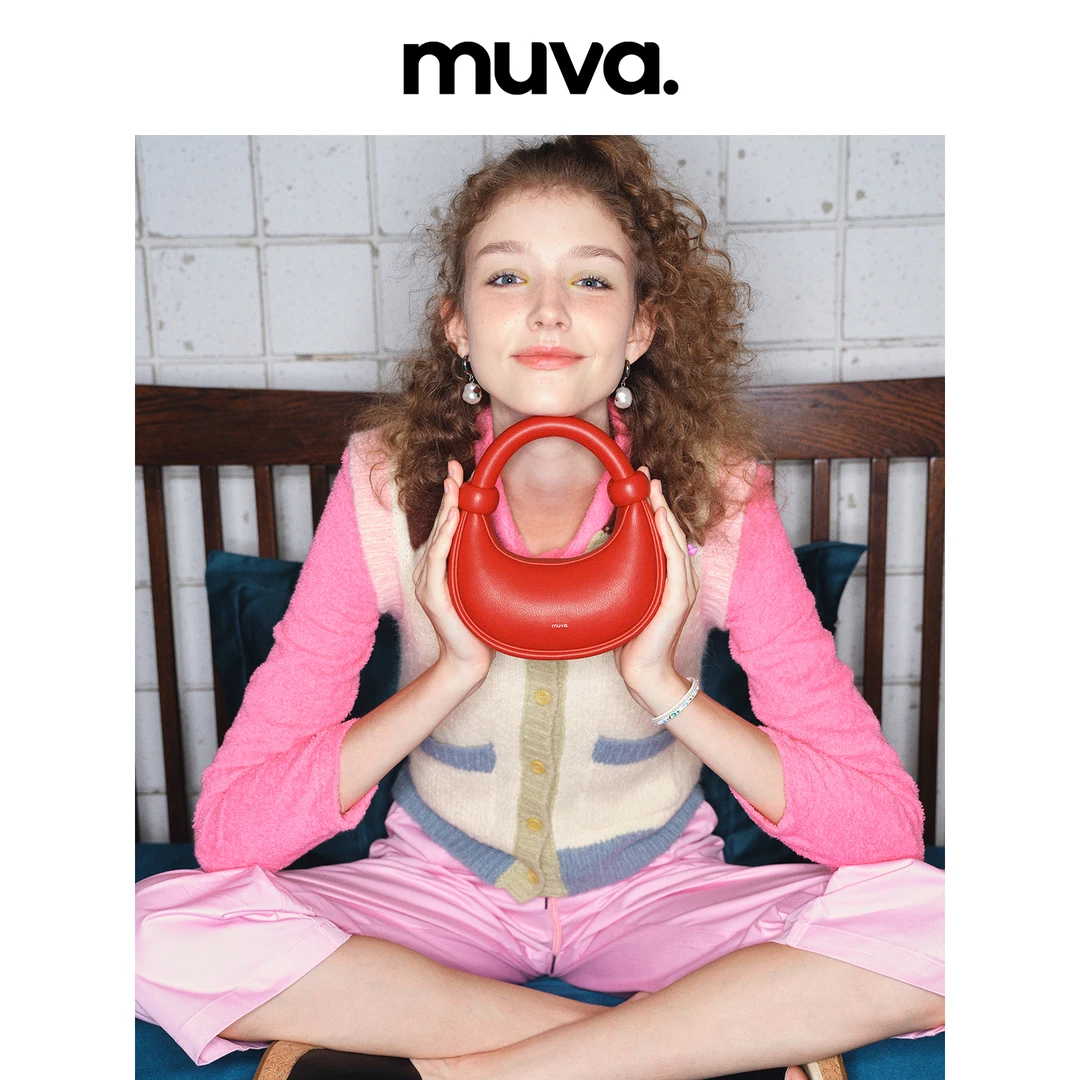 MUVA原创设计小众珠珠包手提女红色小包包真皮月牙包斜挎2024新款