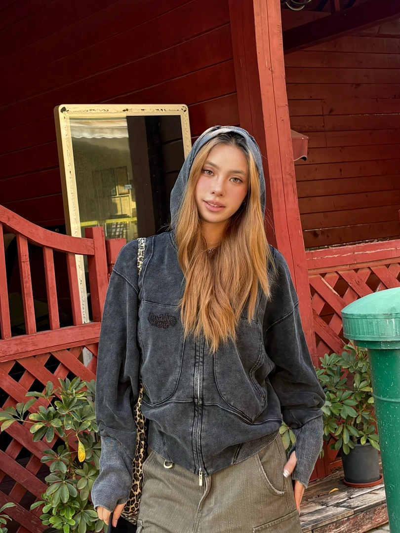 YZBZ美式复古重工拼接水洗卫衣男女宽松做旧高街连帽外套