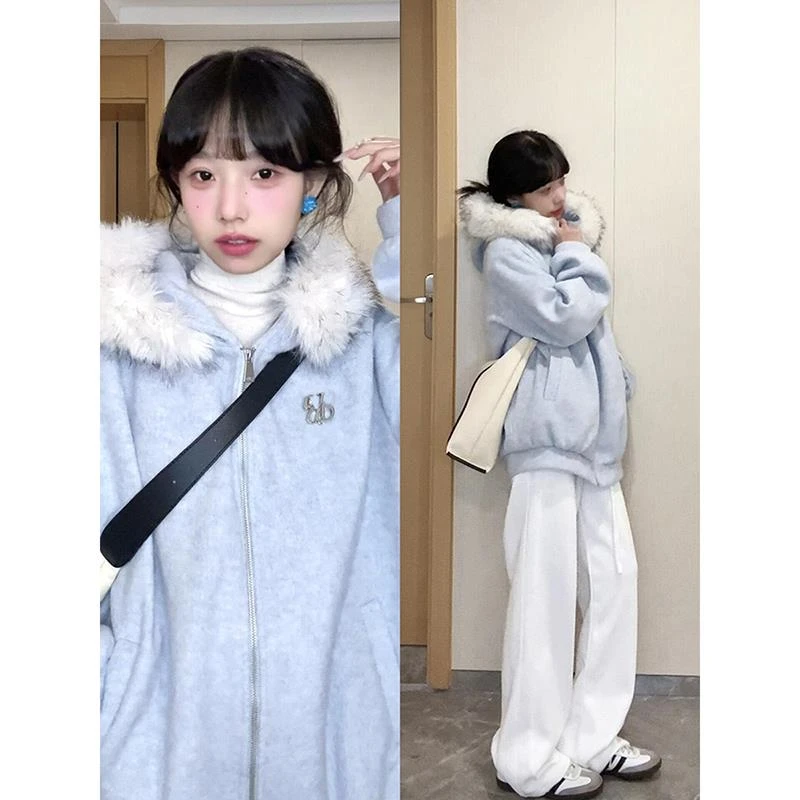 2025新款毛领连帽拉链开衫卫衣女春秋宽松情侣oversize休闲外套潮