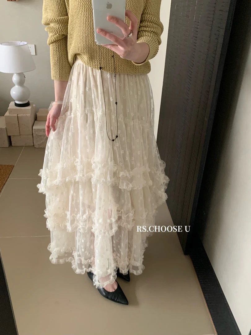 RS@5335 韩系百搭重工蕾丝高腰蓬蓬半裙（裙长92左右）