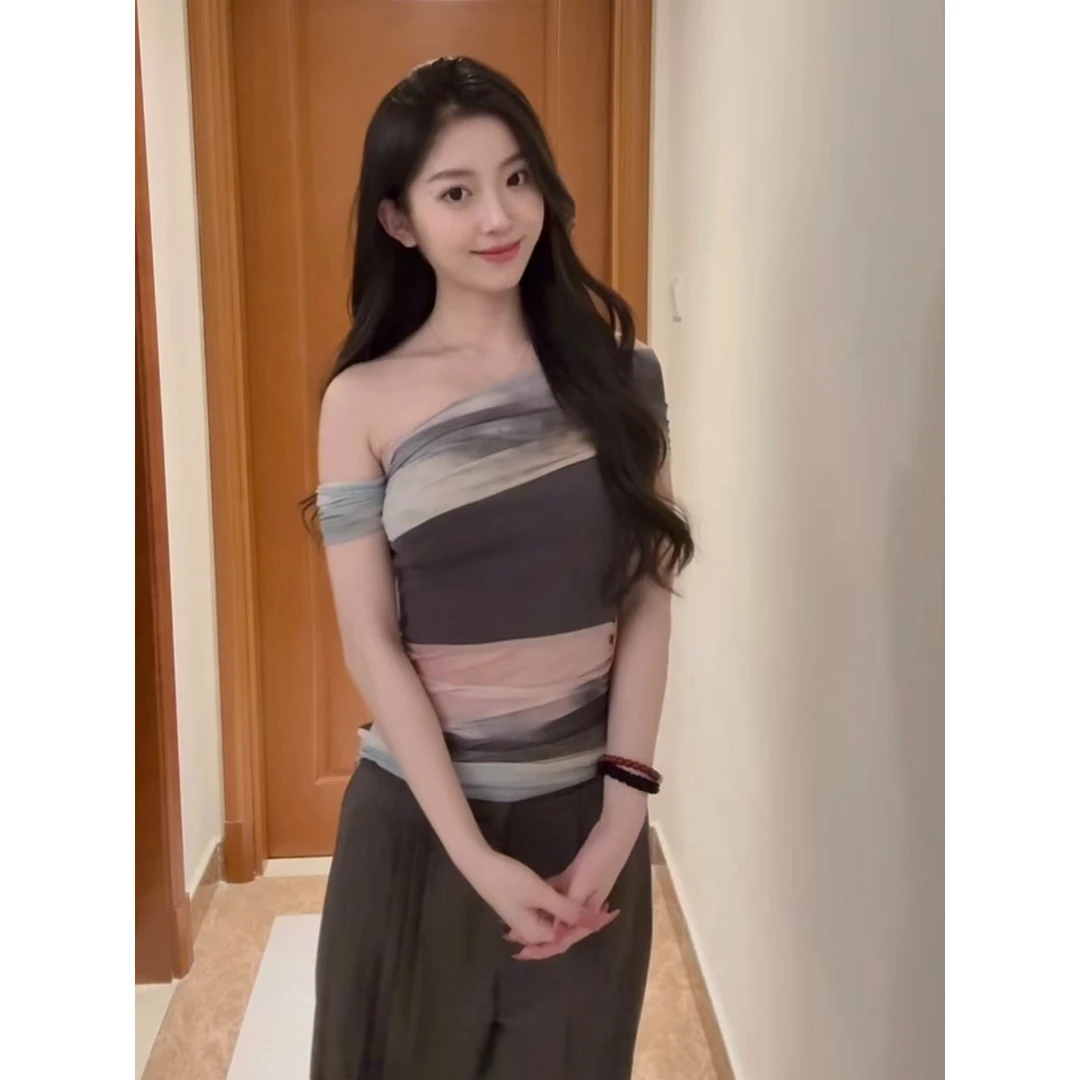 韩系辣妹一字肩晕染短袖t恤女夏季设计感小众收腰独特漂亮短上衣