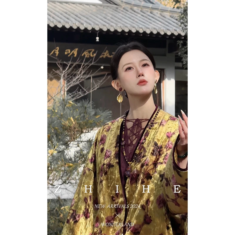 无艳一禾【东方花靥】静奢国风丝绒印花羽绒服+蕾丝连衣裙