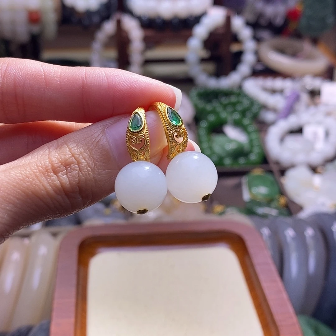 颈饰未镶嵌和田玉新疆银镶羊脂白玉耳环12MM