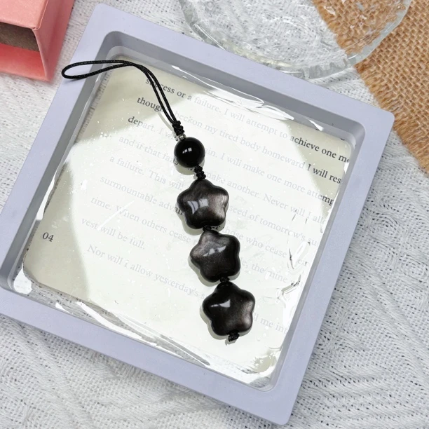 天然黑曜石银曜石中三星连挂DIY手机包包钥匙扣挂件车挂