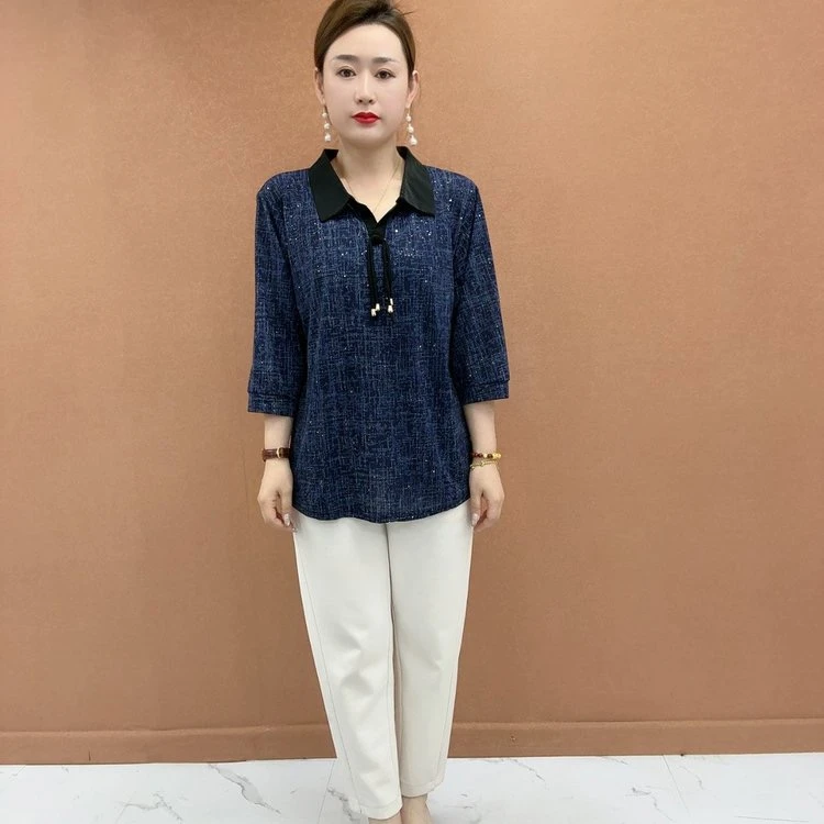2025早秋新款翻领薄款宽松型休闲风百搭显瘦妈妈装冰麻t恤衬衫