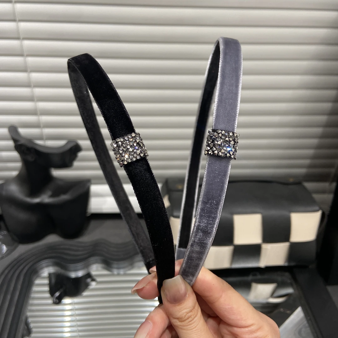 E4048 韩国发饰2025新款细窄版方钻扣丝绒小碎钻发箍小众气质头箍