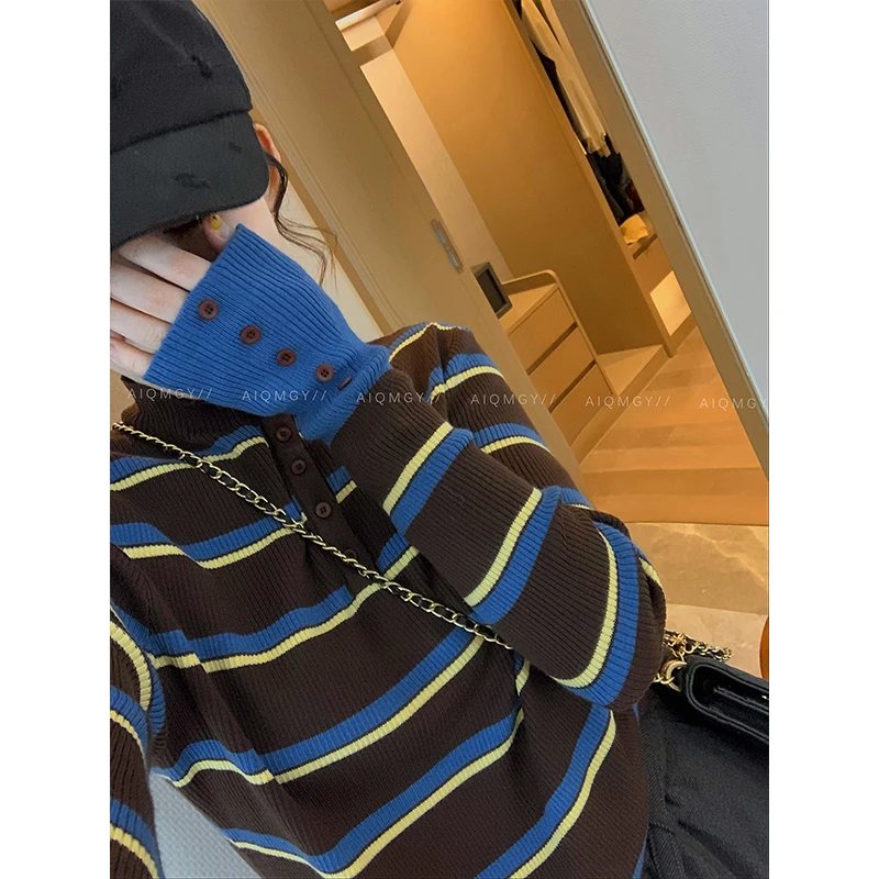 条纹撞色设计感针织衫女2025秋冬新款胖妹妹遮肉显瘦别致打底上衣