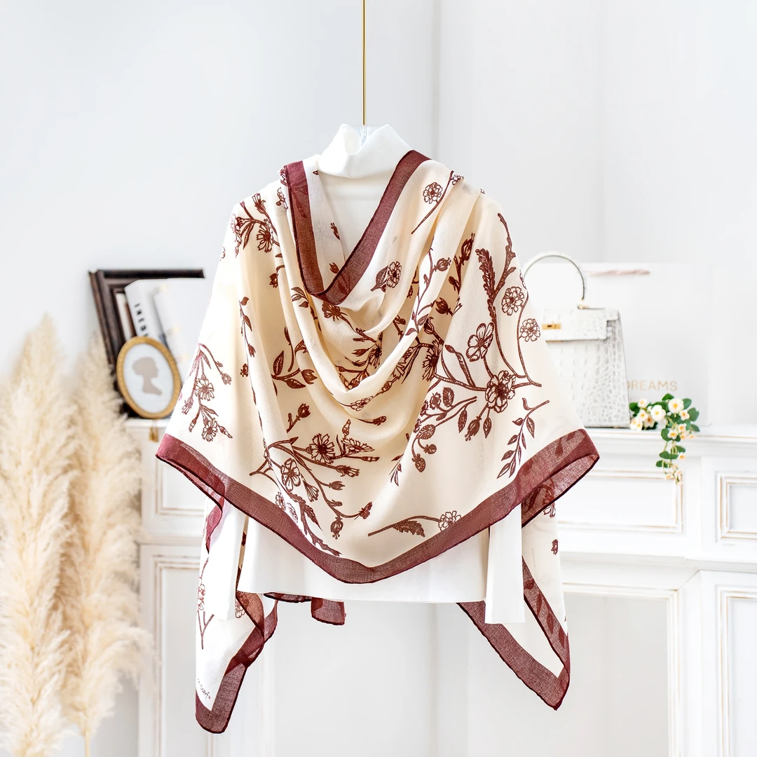 达芬奇密码2025纱巾180*90cm爆款细枝花叶气质百搭女士披肩纱巾