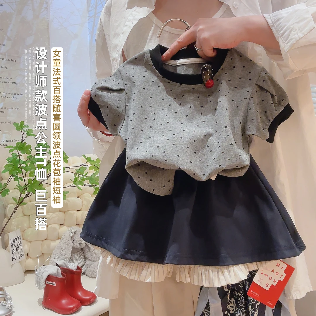 新款儿童夏装波点复古泡泡袖设计款T恤女童短袖上衣时尚百搭
