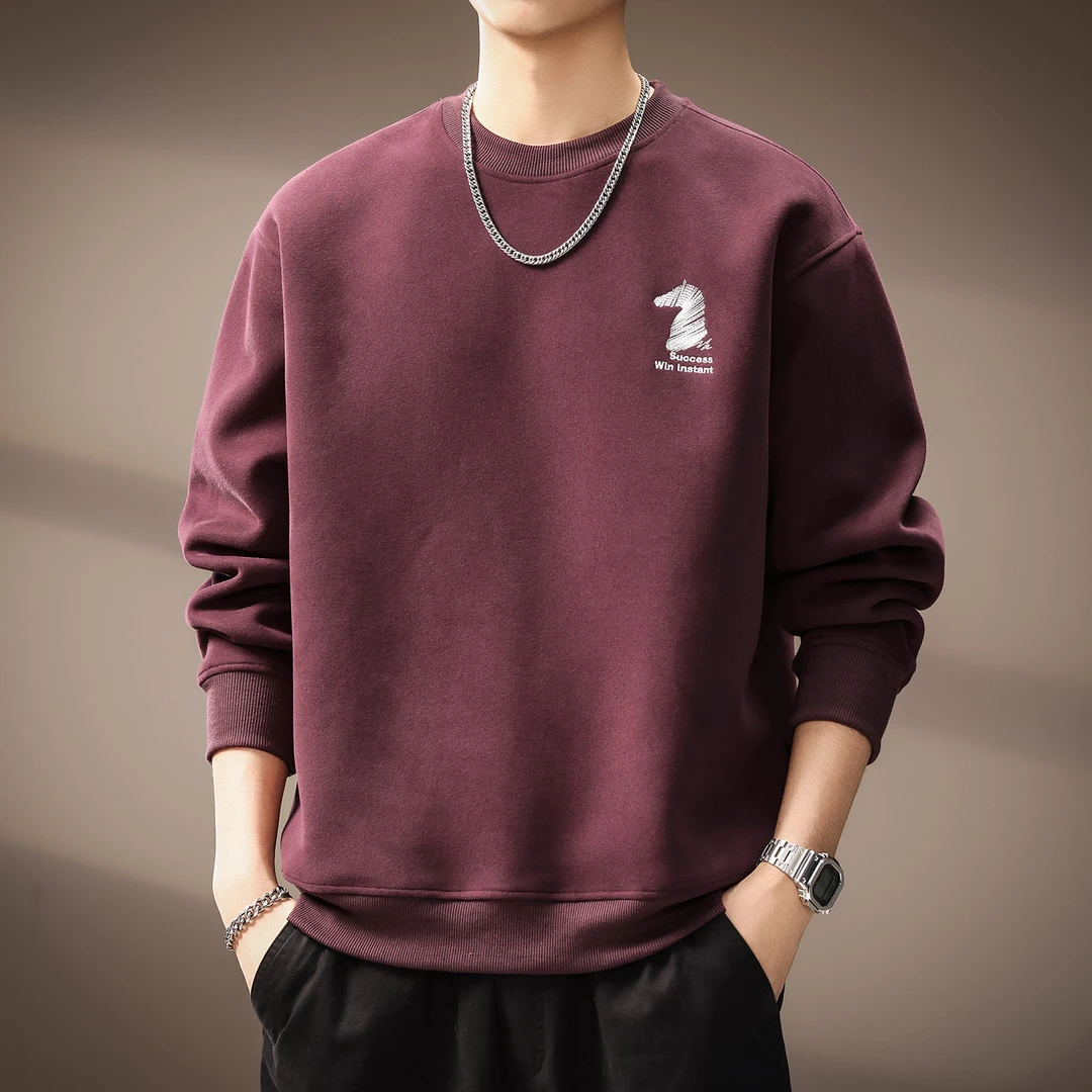 高端美式重磅简约刺绣卫衣男2025秋季新款潮流圆领宽松休闲打底衫
