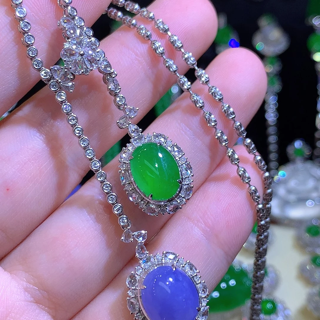 翡翠18K金镶嵌颈饰冰种双蛋面项链