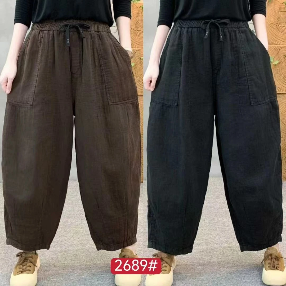 HY    2689净色棉麻明线口袋裤