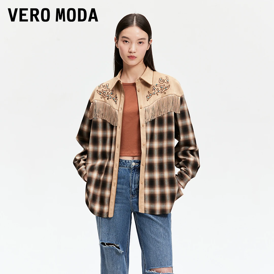 Vero Moda衬衫小众洋气女装钉钻流苏装饰格纹拼接衬衫325105036