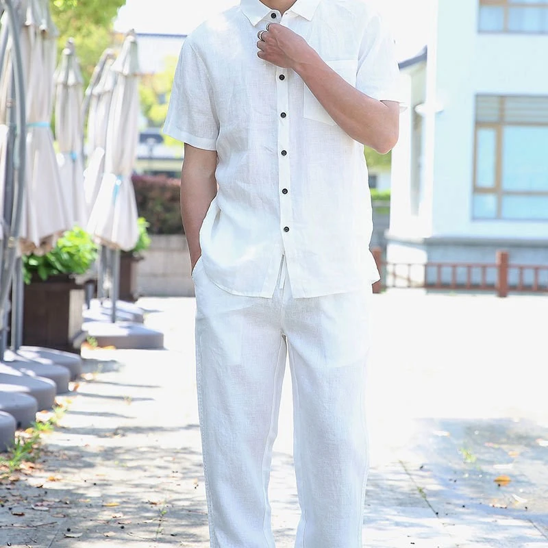 亚麻男士短袖中国风宽松百搭衬衫中青年夏款透气纯色新中式男装
