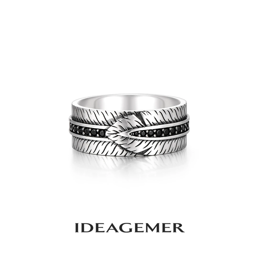 ideagemer 925银合成锆石戒指 羽毛戒指男士高级感送礼原创小众