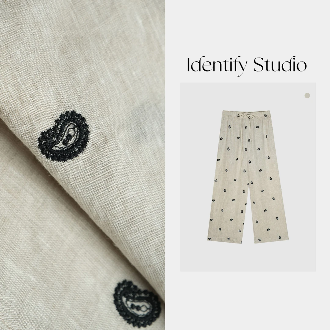 IDENTIFY“夏梦”春夏高腰直筒休闲薄款100亚麻绣花宽松阔腿裤25SS