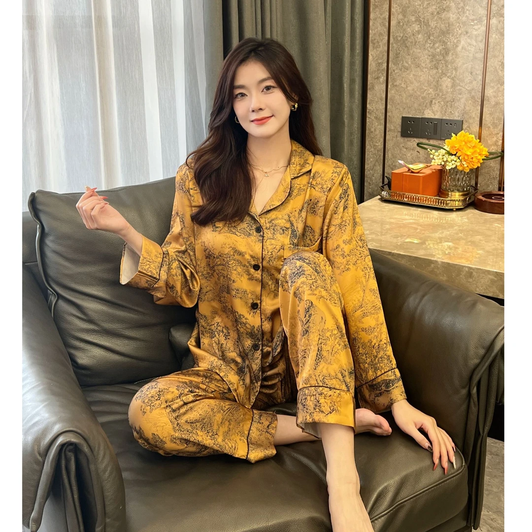 秋季国风长袖长裤家居服套装冰丝宽松舒适大码睡衣