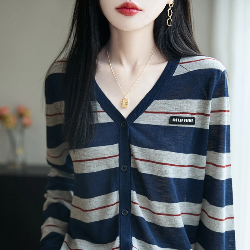 哥弟阿玛施正品早秋羊毛打底衫法式撞色条纹长袖针织衫开衫女短