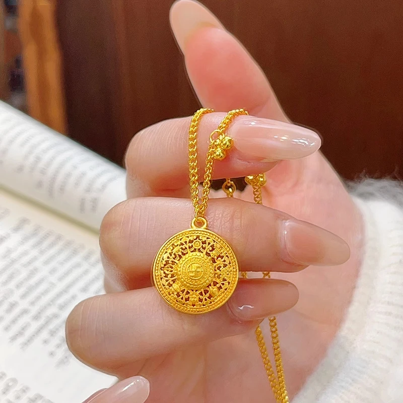 铜合金项链 新中式古法福字镂空花丝圆盘金色吊坠国风锁骨链