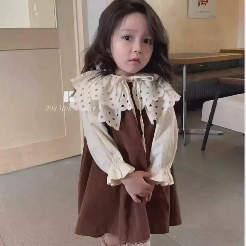 女童2025春季新款娃娃领衬衫背心裙两件套23419