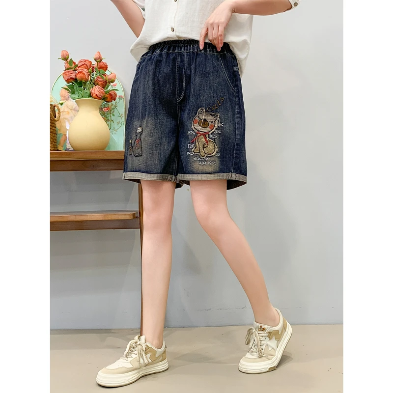 夏季贴布牛仔短裤女薄款2025新款卡通松紧高腰直筒宽松休闲热裤ZM