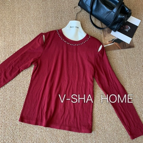 薇莎【现货】设计感钉珠镂空长袖T恤上衣