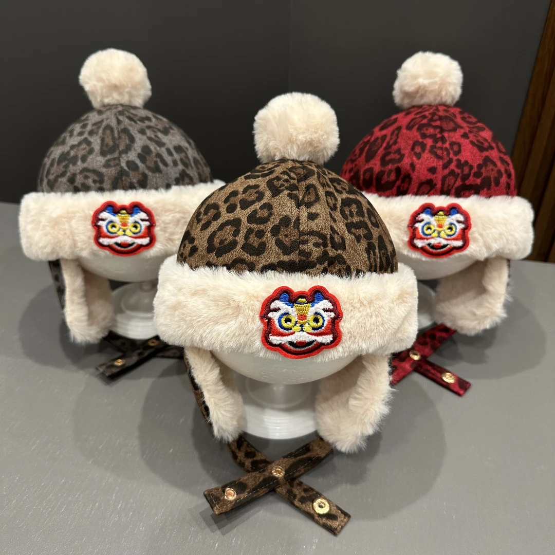 【国潮风】宝宝豹纹冬季雷锋帽加绒厚婴幼儿户外防风保暖套头护耳帽
