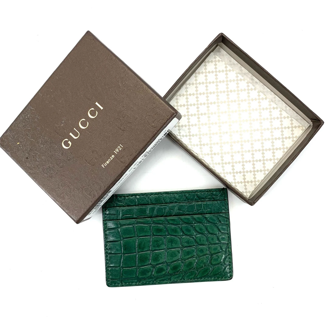 99新 GUCCI/古驰 男士时尚绿色鳄鱼皮简约卡片包小卡包  尺寸10/7