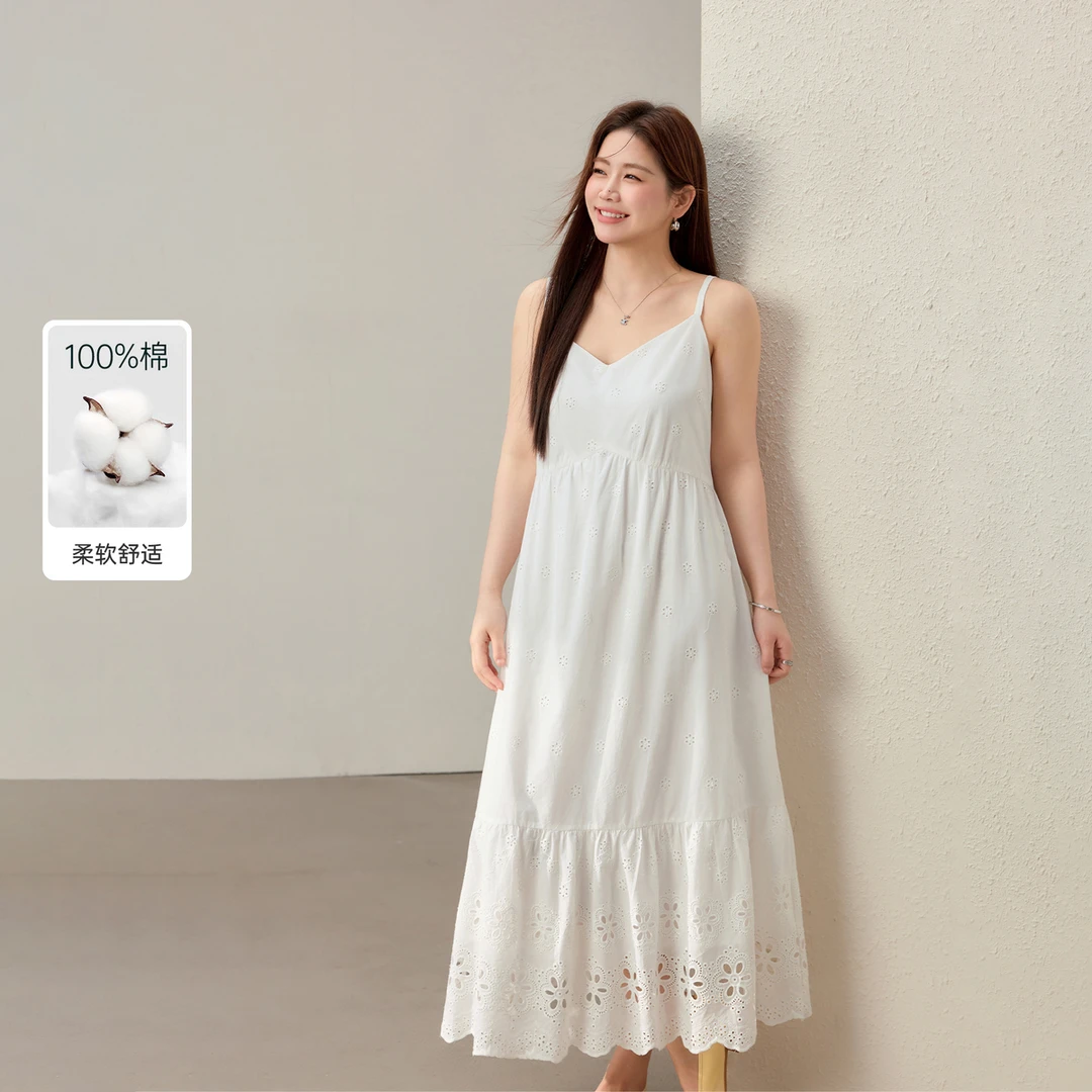 【清风眠】纤莉秀W大码女装法式慵懒风立体绣花吊带连衣裙QK2133