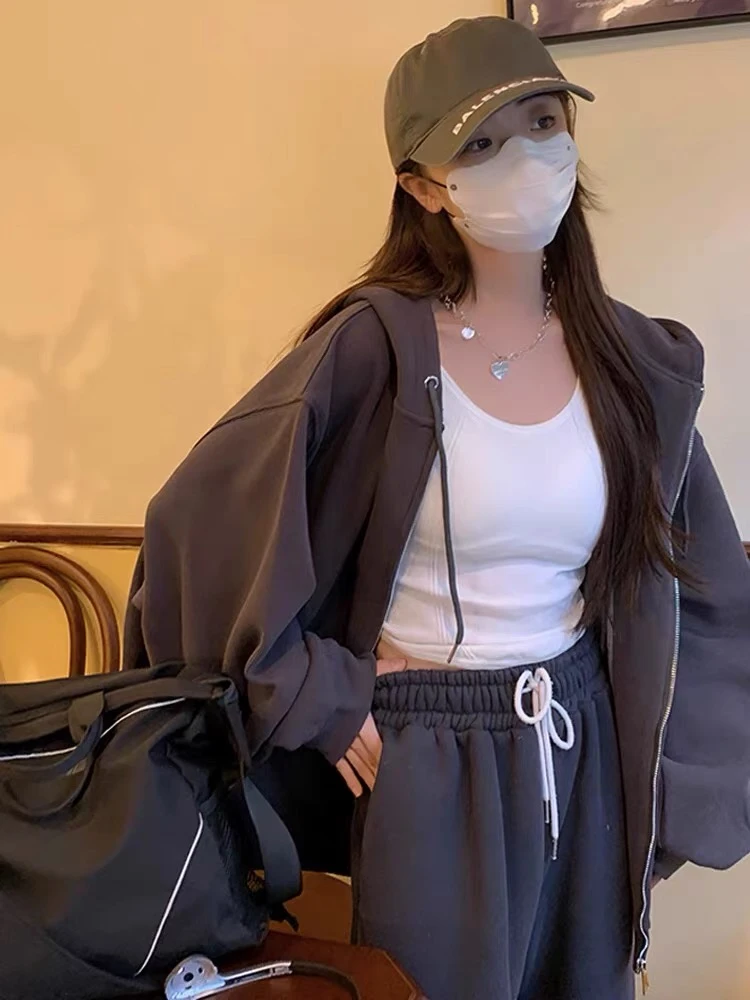 【袋鼠兜】秋季袋鼠兜街头风拉链连帽女卫衣韩版上衣春秋开衫