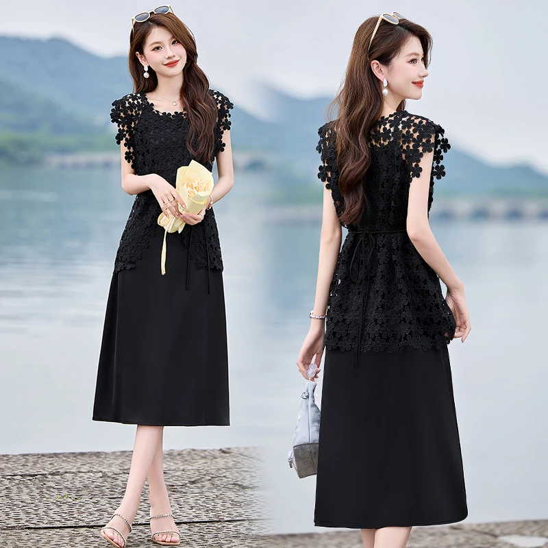休闲风轻职风慵懒风通勤时尚套装夏季女装气质连衣裙短袖蕾丝显瘦