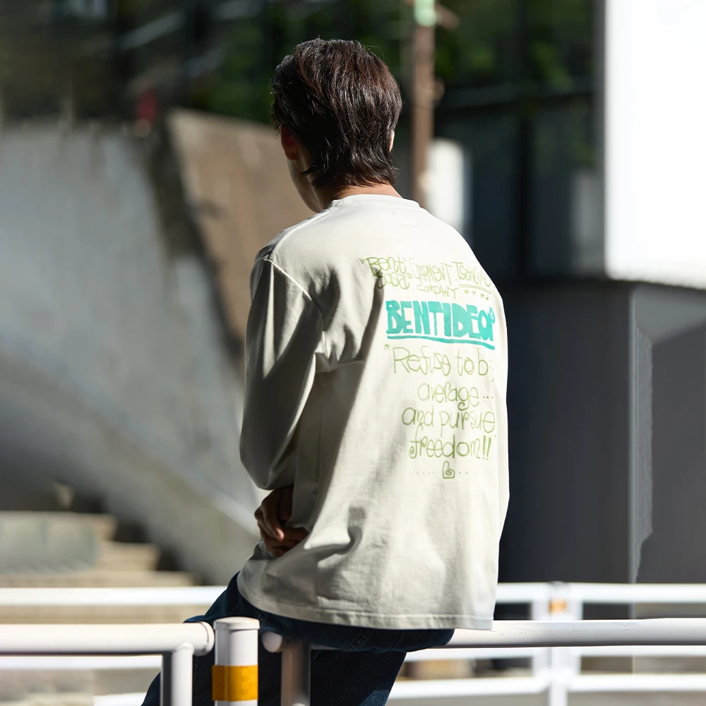 BENT IDEA秋季新款 美式街头手绘印花重磅纯棉印花长袖打底衫t恤