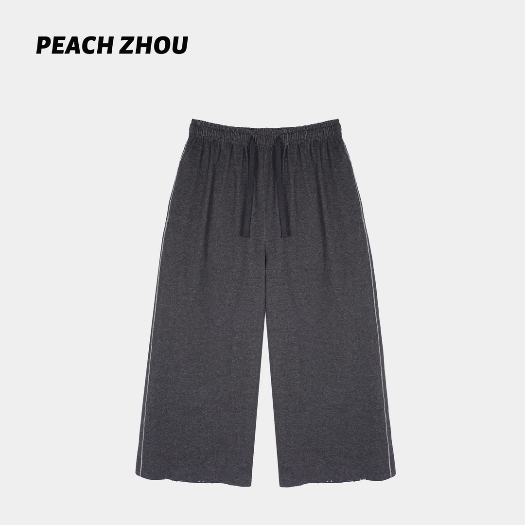 『PEACHZHOU』明线磨破慵懒宽松直筒休闲裤简约慵懒松弛阔腿九分裤