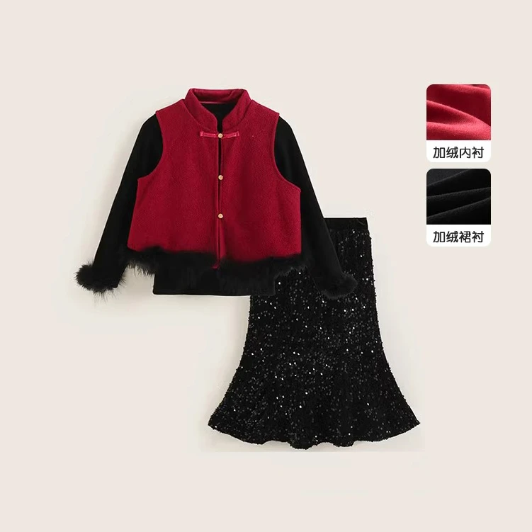 女童加绒拜年服2025新款冬装新中式爆款新年加厚套装女孩过年服厚