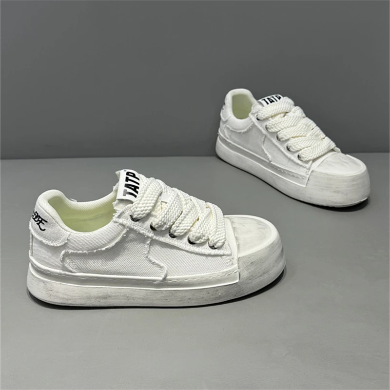 潮鞋2025春夏新款低帮厚底纯色复古布面透气轻质潮流百搭韩版男鞋