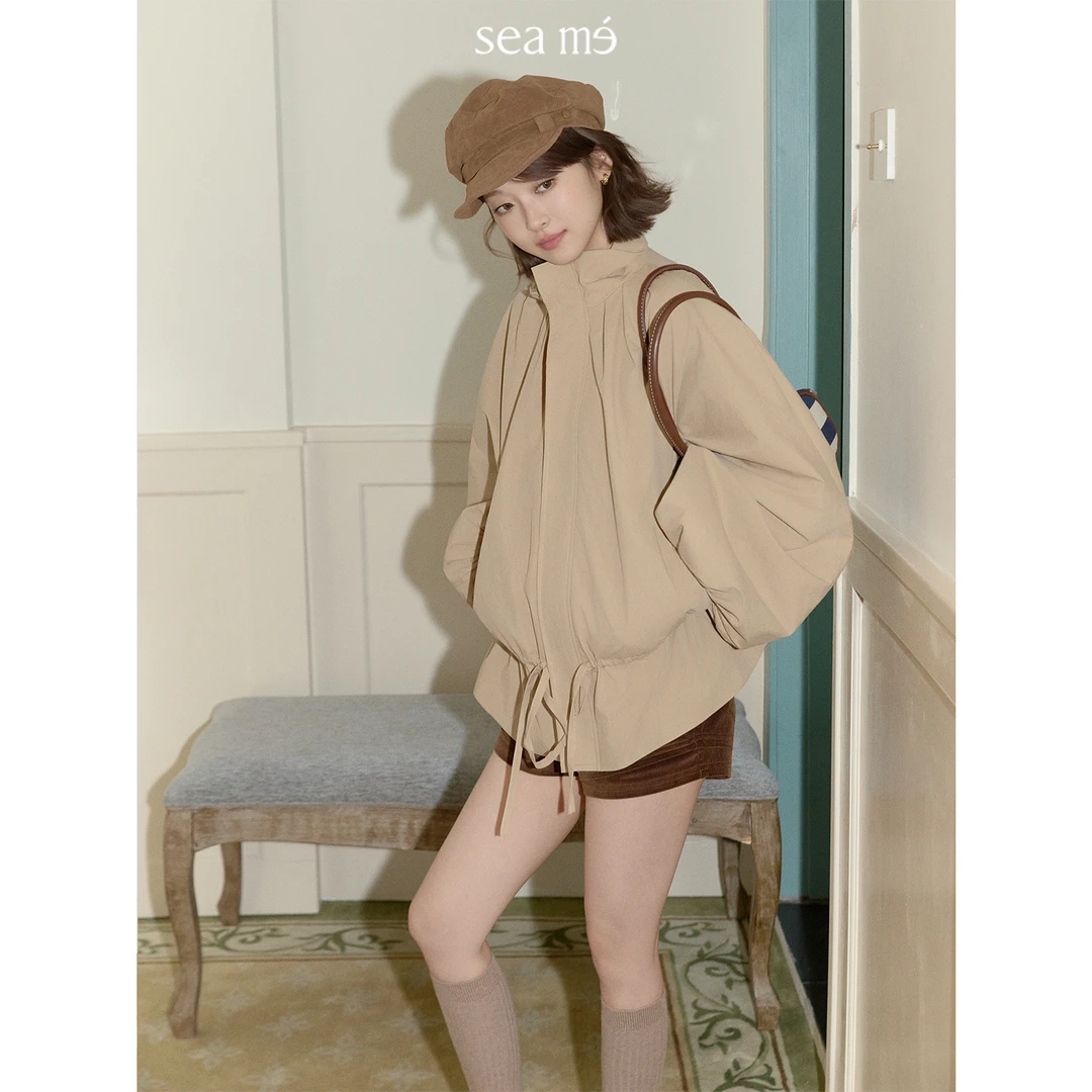 Seame汐觅【瞬息】复古巴恩风立领短款廓形风衣女抽褶设计感外套
