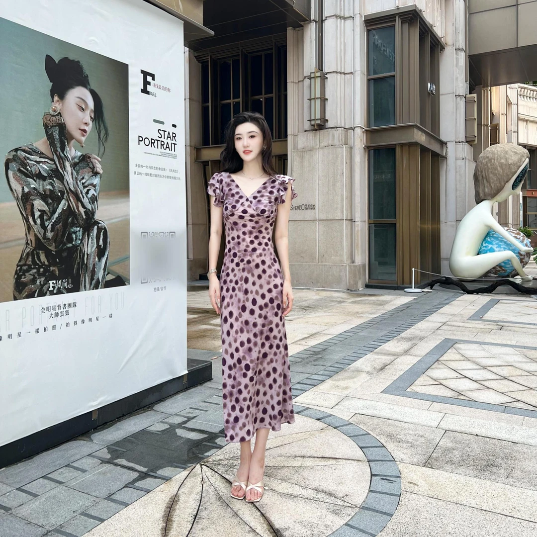 【蒲公英】败家紫波点桑蚕丝高级感印花显瘦连衣裙TX05QZ1032-1