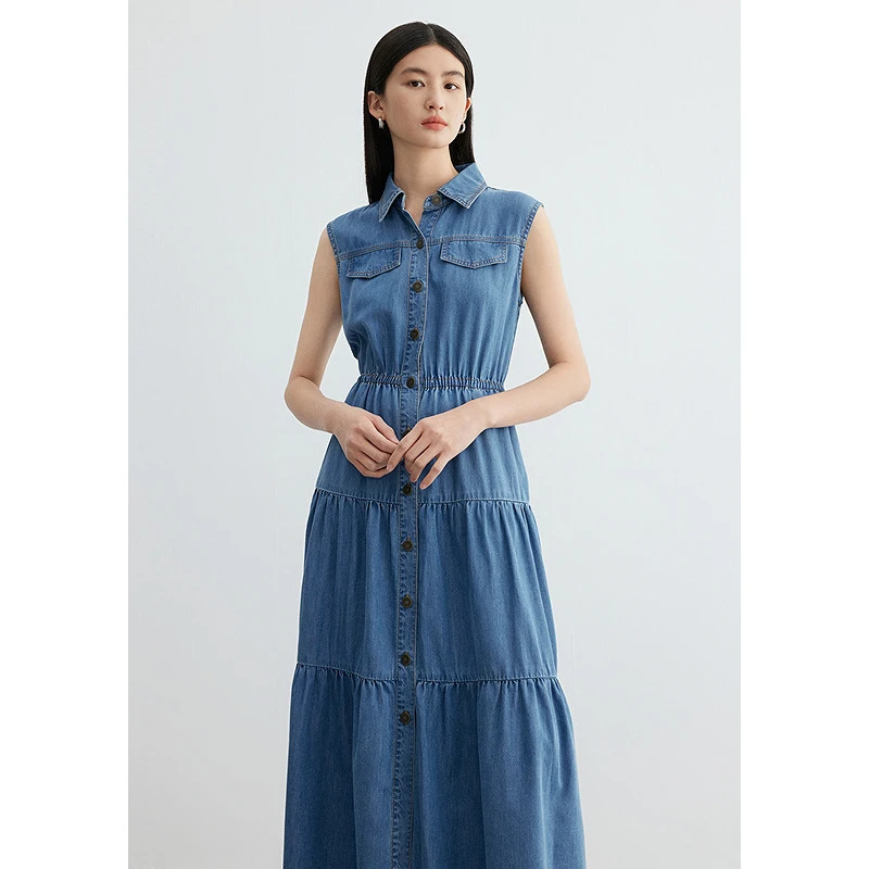 迪赛尼斯夏季通勤气质无袖长裙显瘦收腰牛仔连衣裙