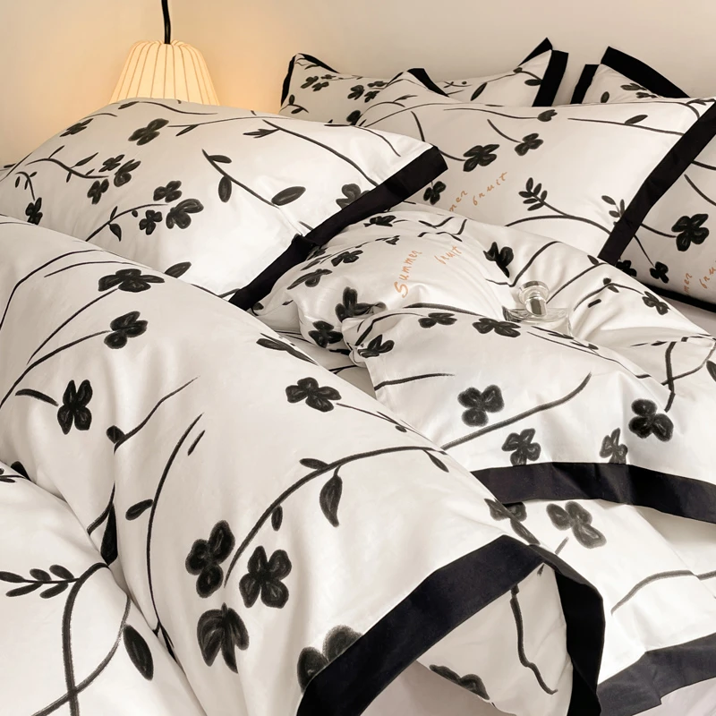 轻奢高级感花卉全棉四件套宽边纯棉被套单人学生宿舍三件套床单款