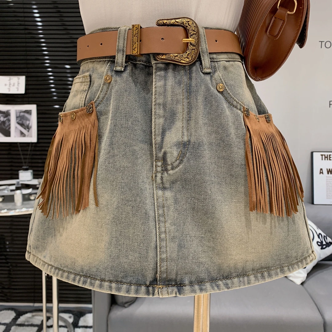高腰牛仔短裙女秋冬季新款设计感流苏拼接半身裙女小众别致短裙子
