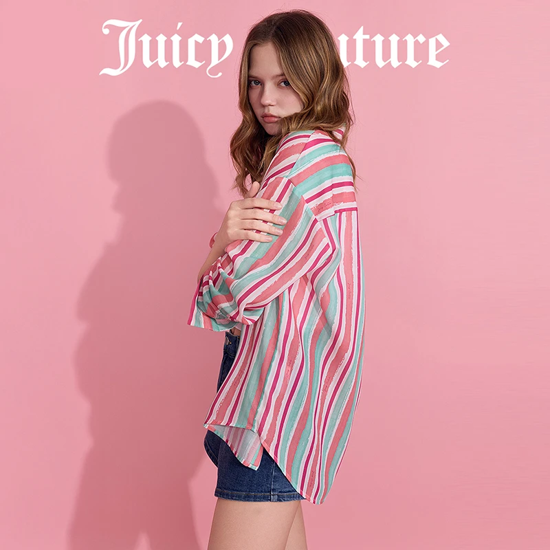 Juicy Couture橘滋2025夏新款虹色条纹印花长袖衬衫女