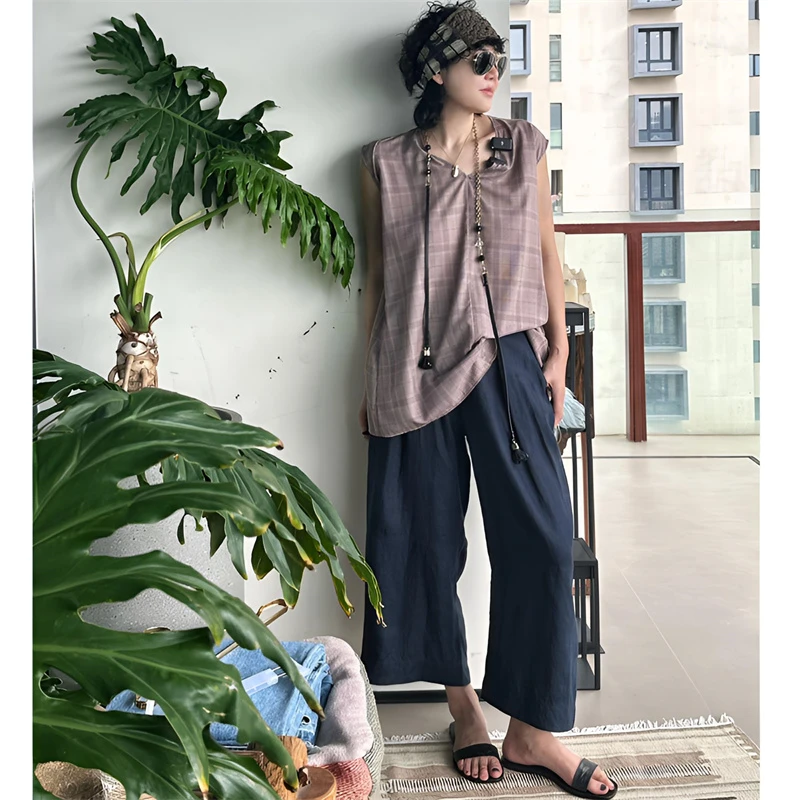 曼城旧事雨露麻百搭九分裤时尚休闲夏季复古宽松条纹 FGS1306995