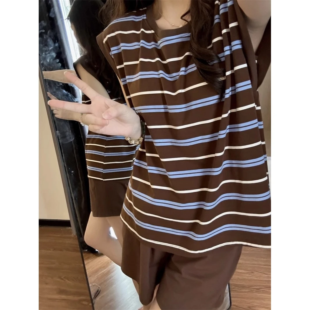 复古美拉德 休闲条纹背心睡衣女夏季新款无袖大码短裤家居服套装