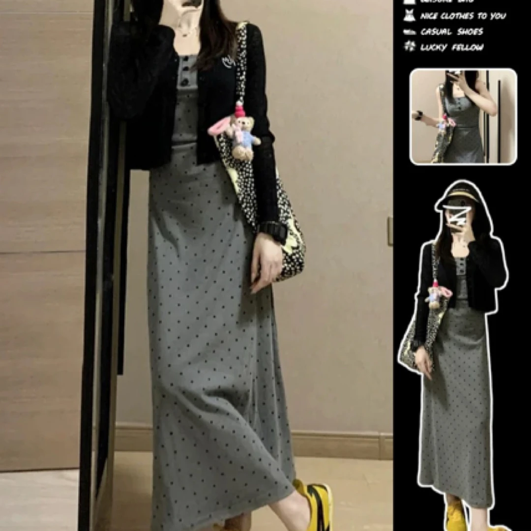 大码胖mm法式复古波点吊带裙开衫显瘦两件套装