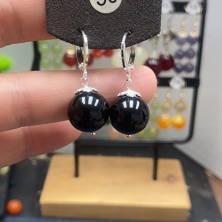 黑曜岩银S925镶嵌耳饰尺寸14mm