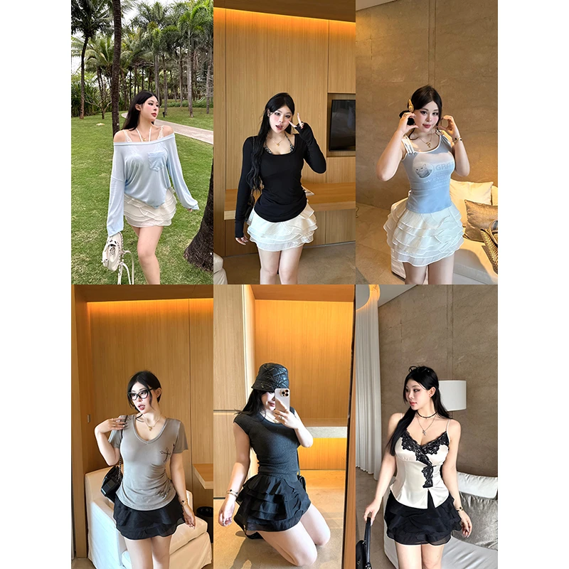 黑泽玄七"少女成团夜"夏季显瘦珍珠肌理多层荷叶带裤里千层蛋糕裙